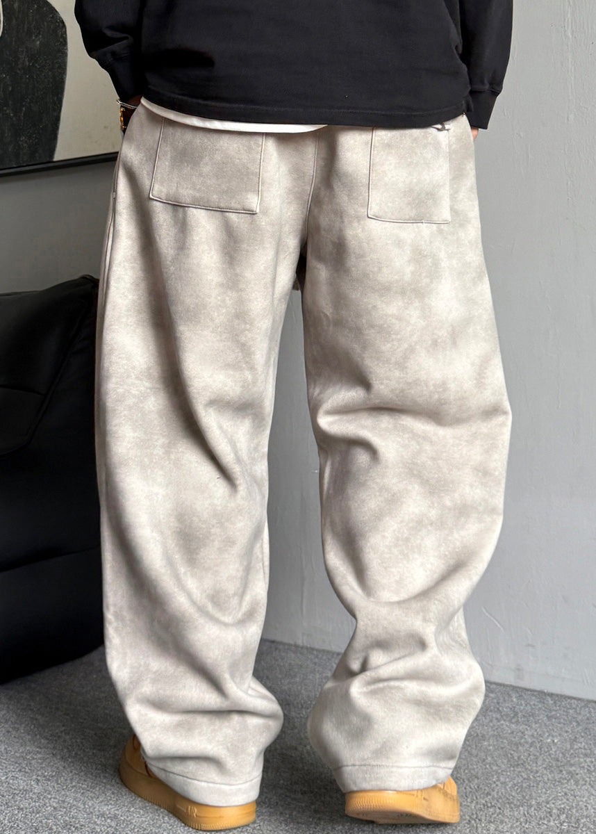 Casual Grey Pockets Elastic Waist Warm Fleece Men Pants Spring RM035