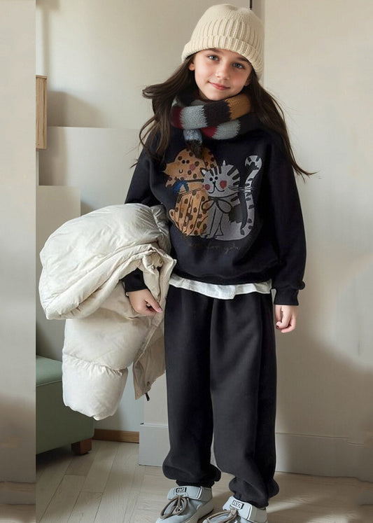 Casual Grey Print Warm Fleece Girls Sweatshirt And Lantern Pants Two Piece Set Spring TR015