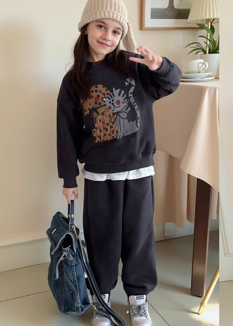 Casual Grey Print Warm Fleece Girls Sweatshirt And Lantern Pants Two Piece Set Spring TR015