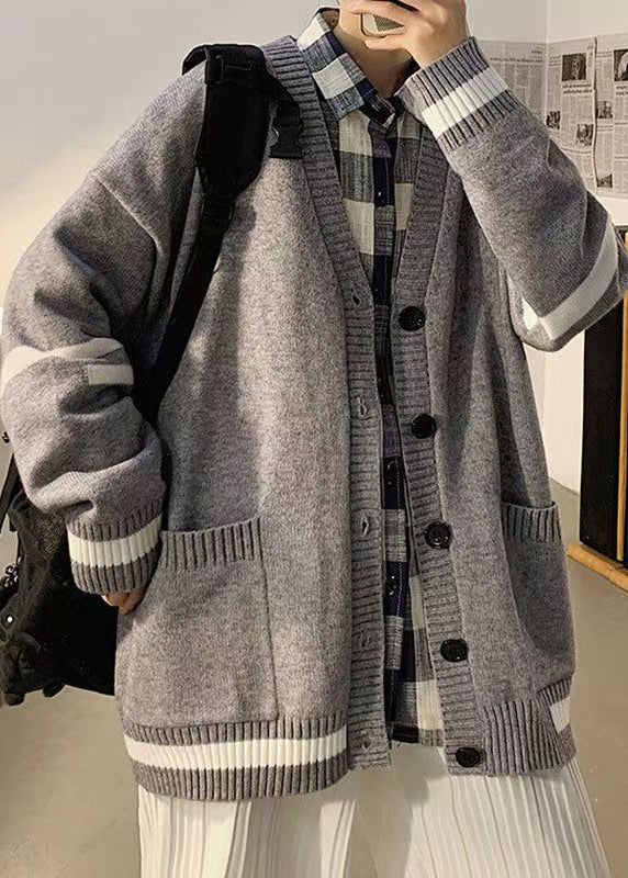 Cardigans Mens Spring Casual Pockets Knit Grey Striped