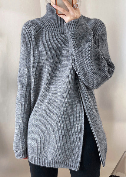 Casual Grey Turtleneck Thick Cotton Knit Sweaters Fall QE073