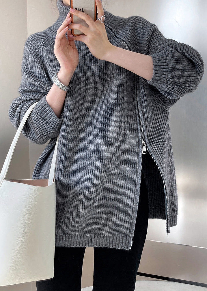 Pulls en tricot de coton épais à col roulé gris décontractés Automne QE073