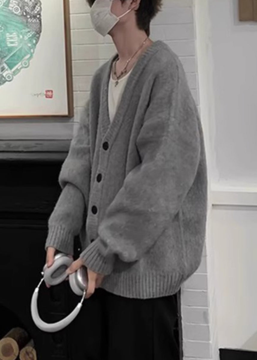 Cardigans en tricot à col en V et boutons décontractés pour homme, gris