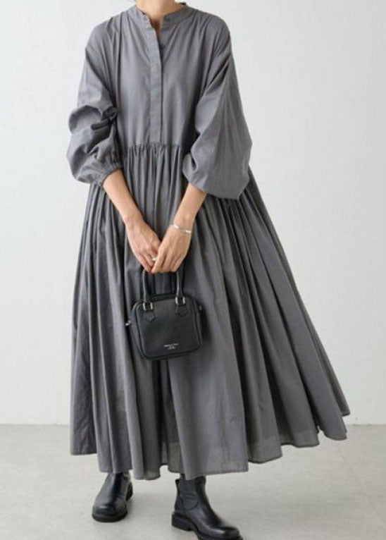 Lässiges graues, faltiges Patchwork-Baumwollkleid mit Laternenärmeln TL029