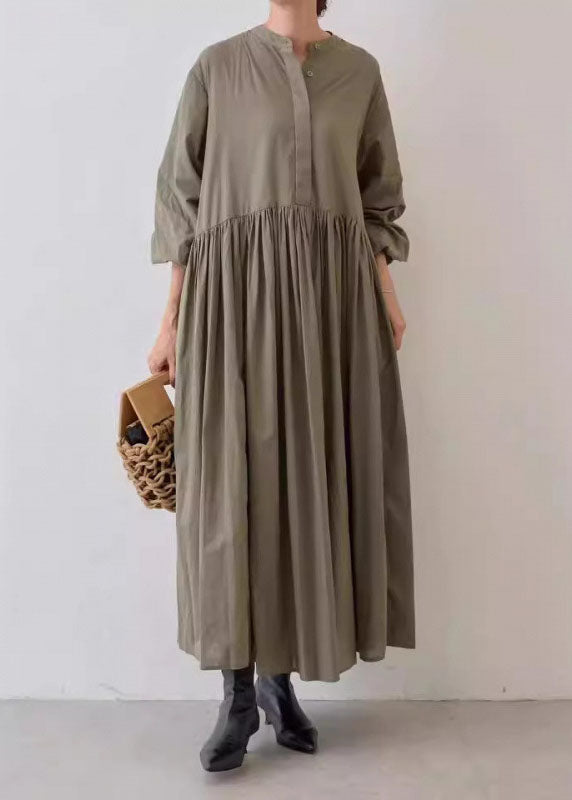 Lässiges graues, faltiges Patchwork-Baumwollkleid mit Laternenärmeln TL029