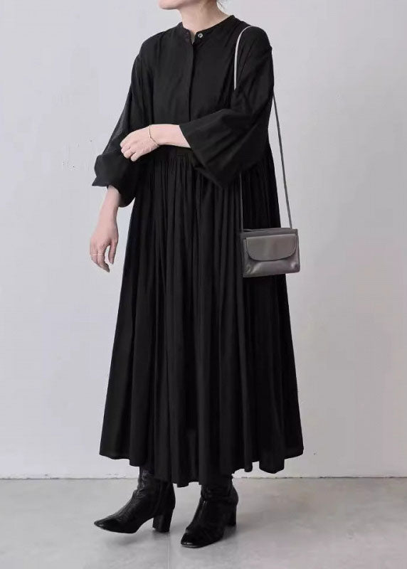 Lässiges graues, faltiges Patchwork-Baumwollkleid mit Laternenärmeln TL029
