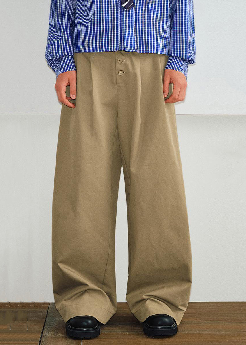 Casual Spring Waist High Pants Button Mens Cotton Pockets Khaki