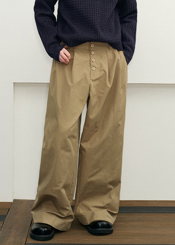 Casual Spring Waist High Pants Button Mens Cotton Pockets Khaki