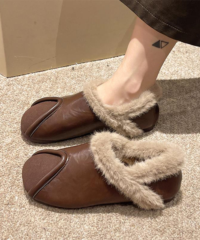 Casual Khaki Comfy Splicing Flat Feet Shoes Fuzzy Wool Lined TE021