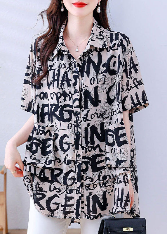 Casual Khaki Oversized Letter Print Chiffon Shirt Tops Summer YY017