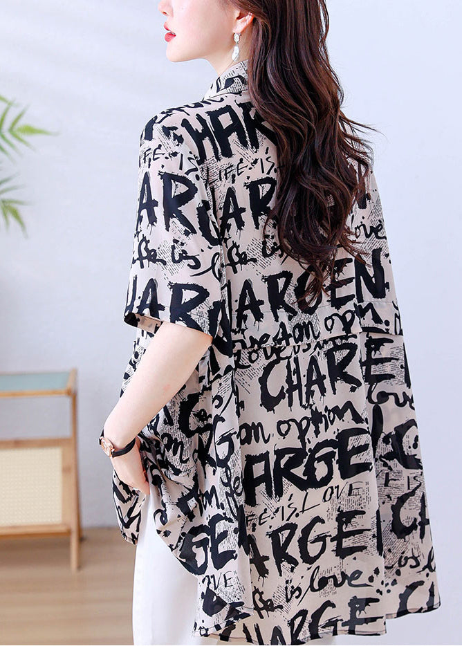 Casual Khaki Oversized Letter Print Chiffon Shirt Tops Summer YY017