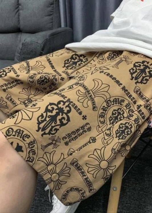 Summer Print Casual Mens Shorts Khaki Cotton Waist Elastic