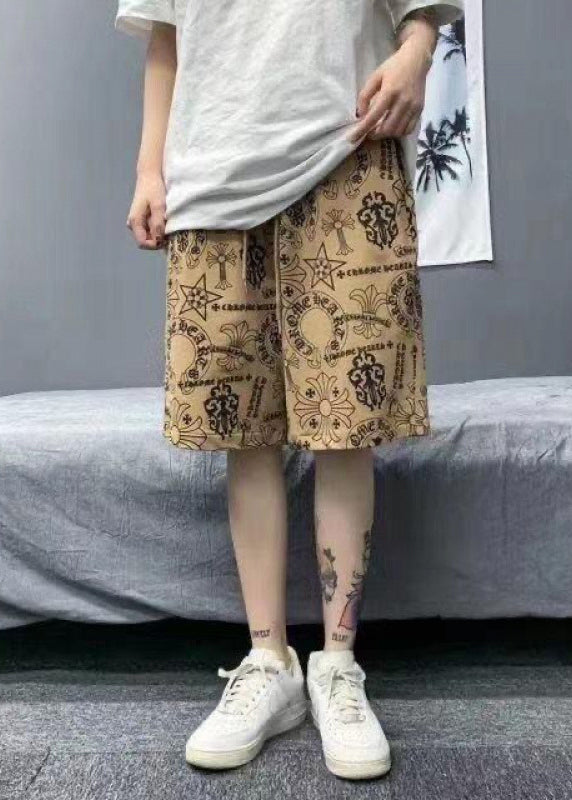 Summer Print Casual Mens Shorts Khaki Cotton Waist Elastic