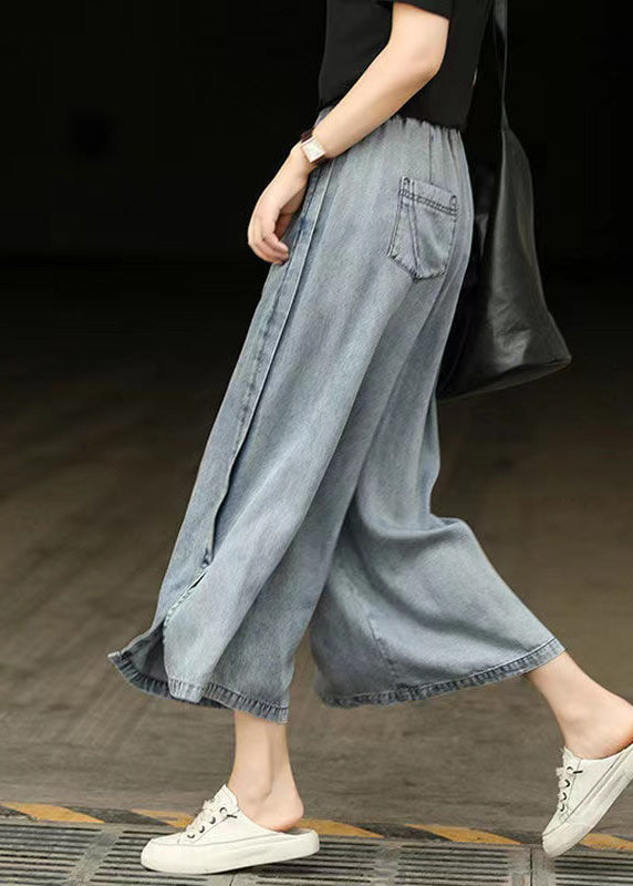 Casual Light Blue Elastic Waist Side Open Denim Crop Pants Summer BV087