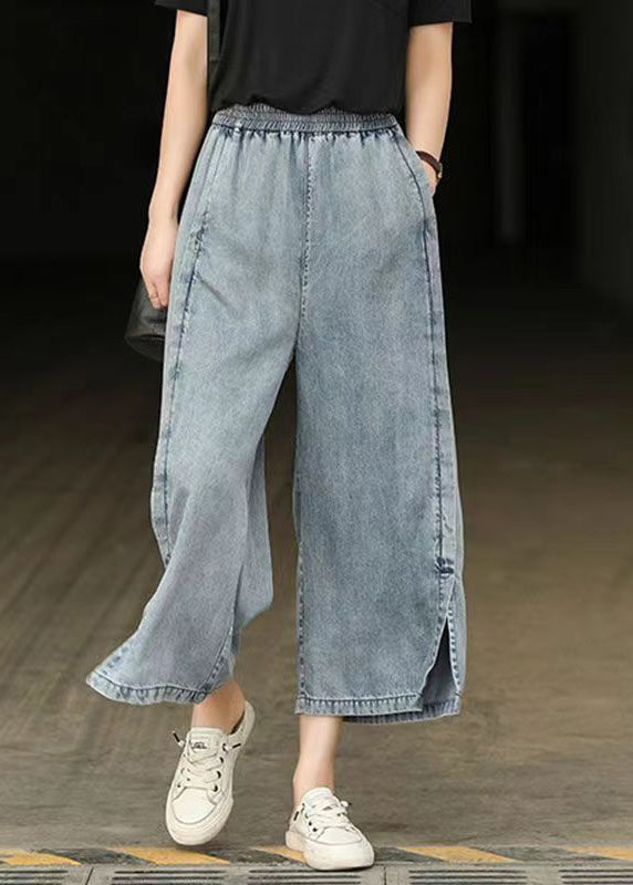 Lässige hellblaue elastische Taille seitlich offen Denim Crop Pants Sommer BV087