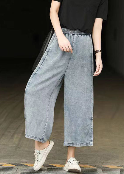 Casual Light Blue Elastic Waist Side Open Denim Crop Pants Summer BV087