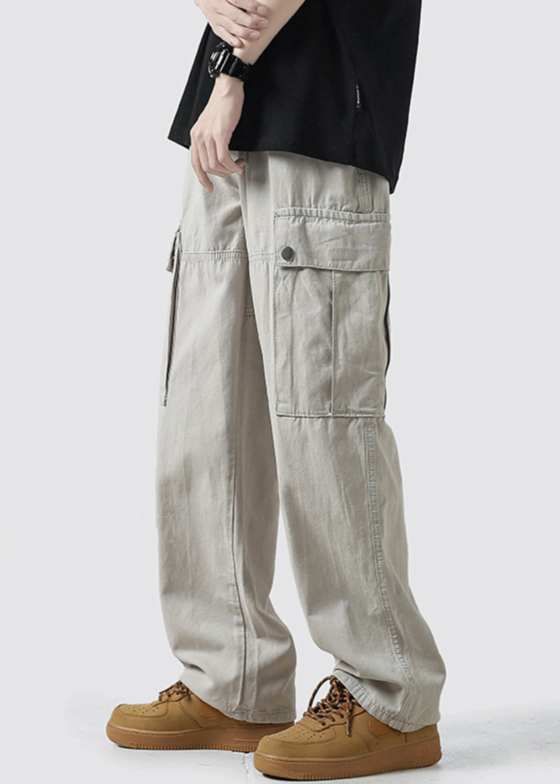 Waist Mens Crop High Pockets Grey Light Cotton Pants Casual