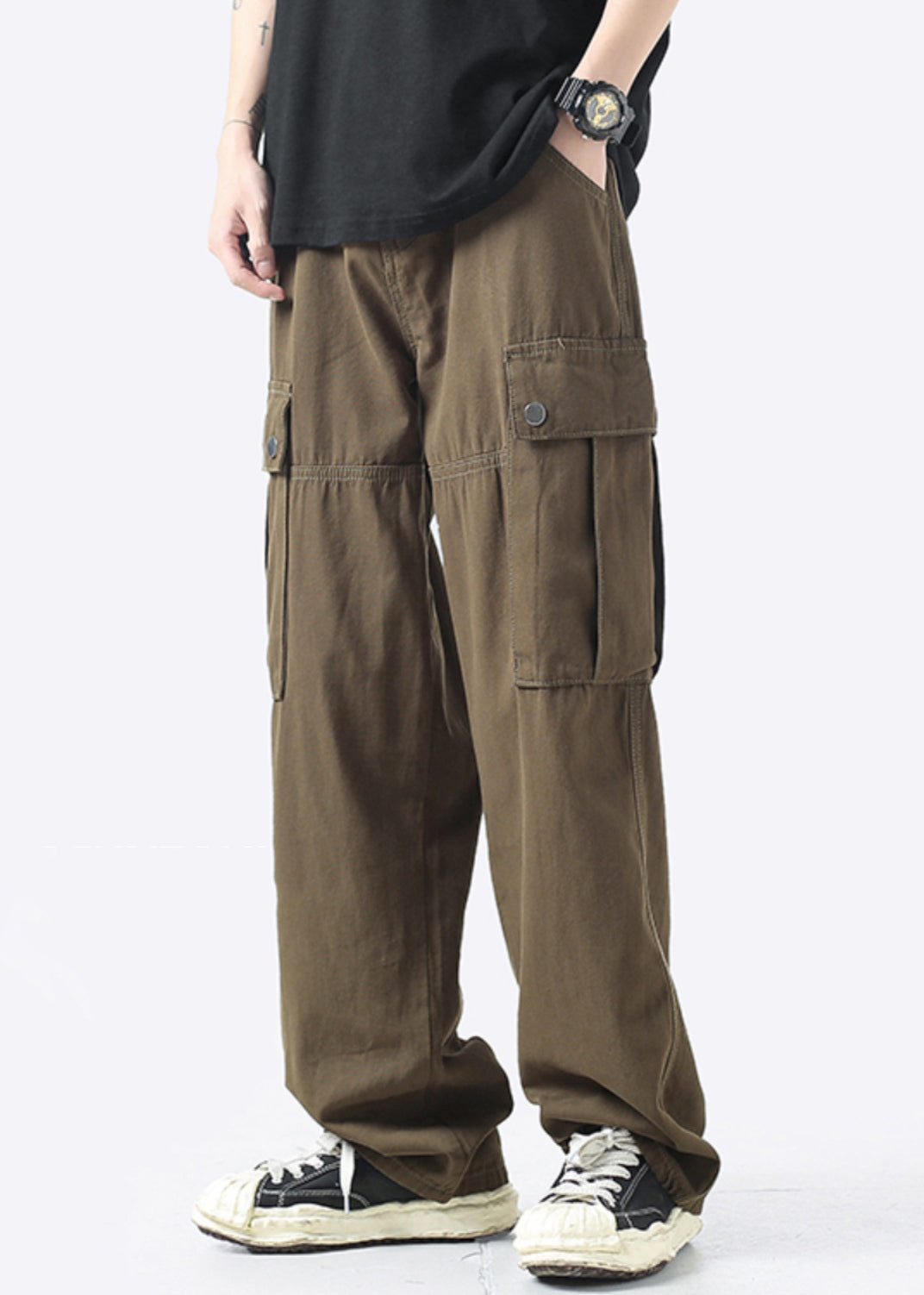 Waist Mens Crop High Pockets Grey Light Cotton Pants Casual