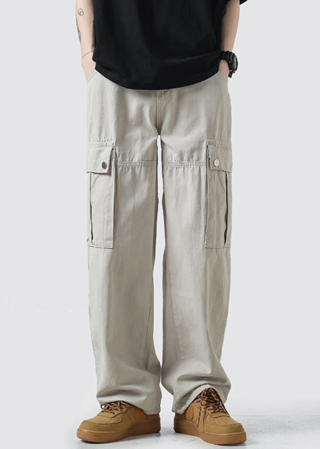 Waist Mens Crop High Pockets Grey Light Cotton Pants Casual