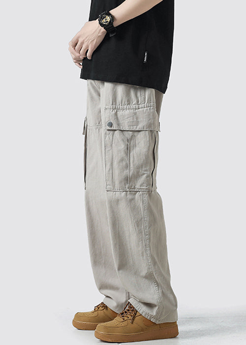 Waist Mens Crop High Pockets Grey Light Cotton Pants Casual