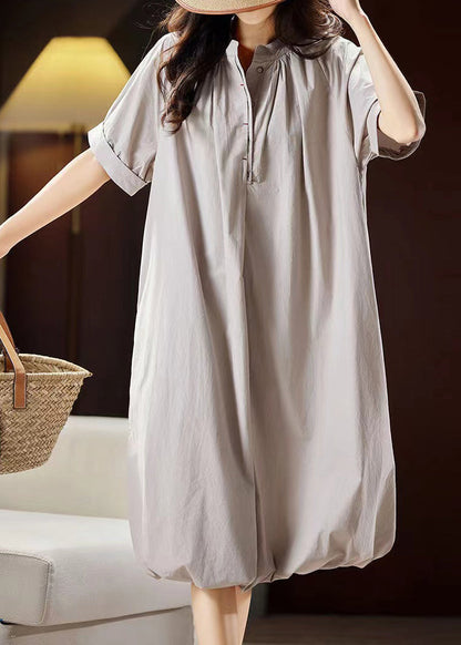 Casual Light Grey Stand Collar Button Cotton Long Dress Summer WW026