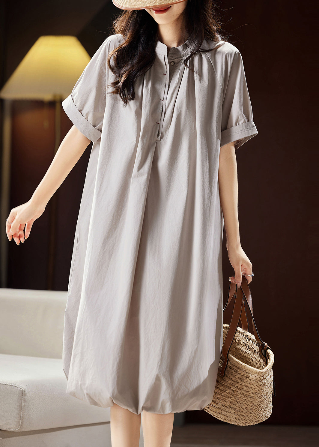 Casual Light Grey Stand Collar Button Cotton Long Dress Summer WW026