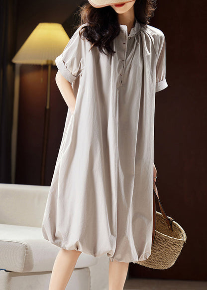 Casual Light Grey Stand Collar Button Cotton Long Dress Summer WW026