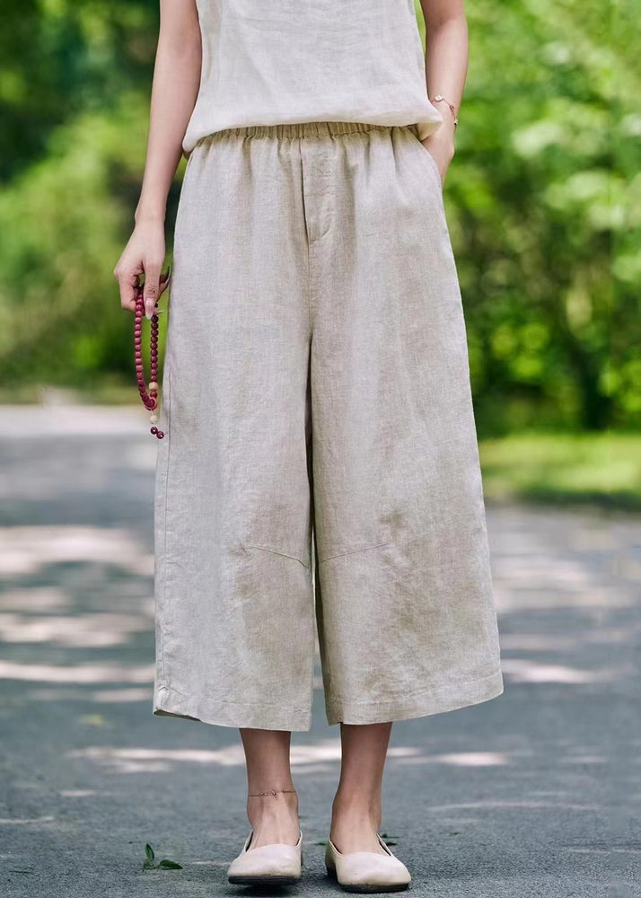 Elastic Waist Linen Pockets Summer Casual Pants Crop