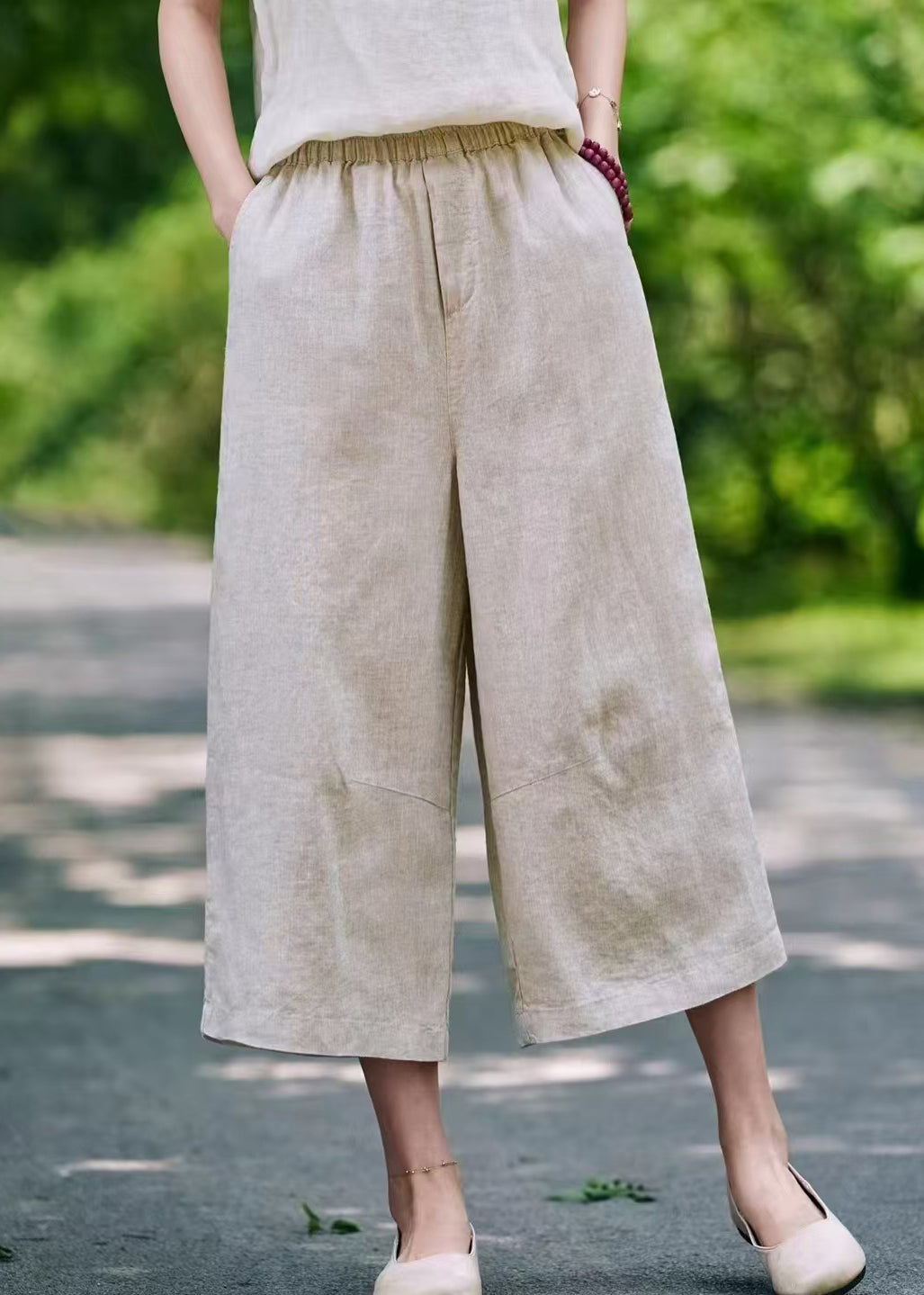 Elastic Waist Linen Pockets Summer Casual Pants Crop