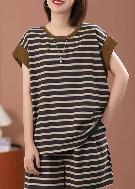 Casual Loose O Neck Striped Cotton Two Pieces Set Summer QK006