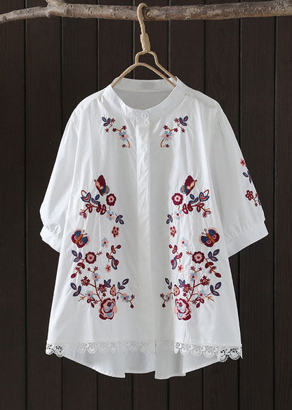 Casual Navy Embroidered Low High Design Cotton Blouse Top Summer AP008