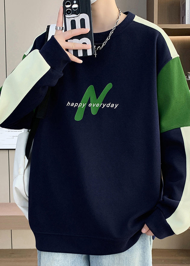 Casual Navy O Neck Patchwork Warm Fleece Mens Sweatshirts Winter RP061