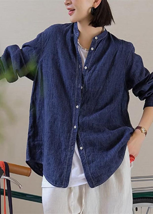Fall Navy Linen Oversized Top Shirt Casual