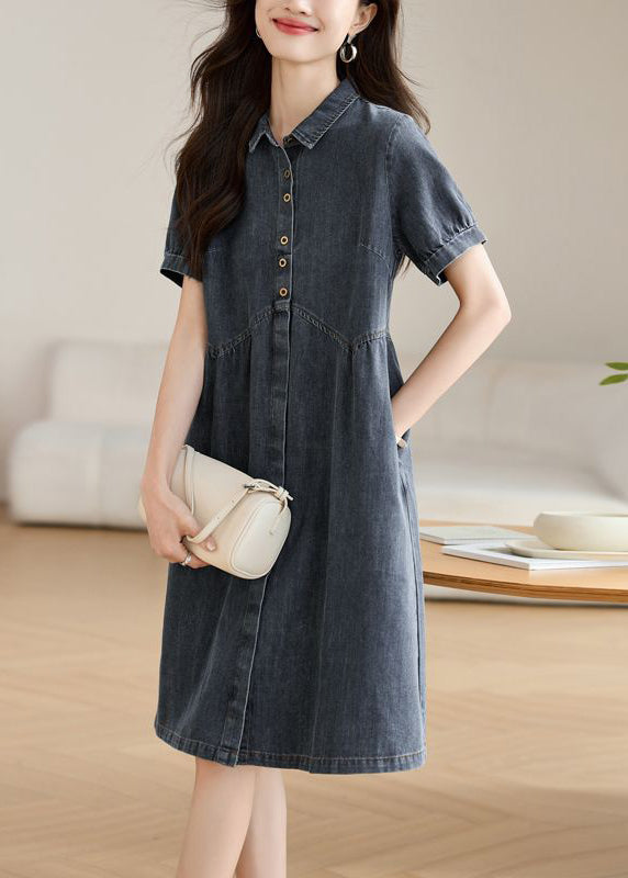 Summer Collar Pan Peter Casual Work Denim Navy Dress