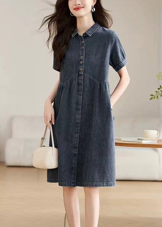 Summer Collar Pan Peter Casual Work Denim Navy Dress