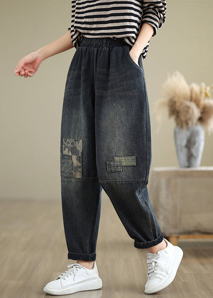 Casual Navy Pockets Applique Elastic Waist Denim Pants Fall QO079