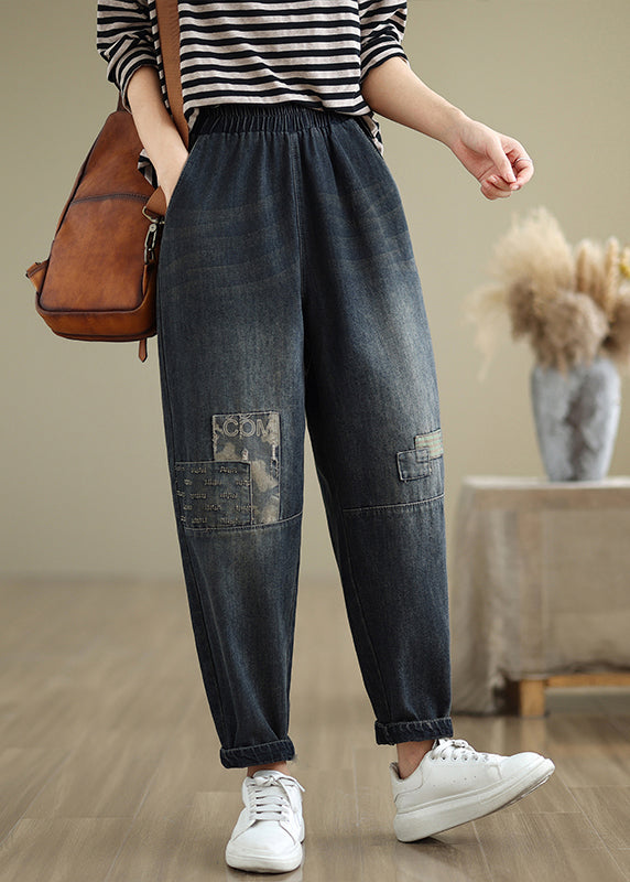 Casual Navy Pockets Applique Elastic Waist Denim Pants Fall QO079