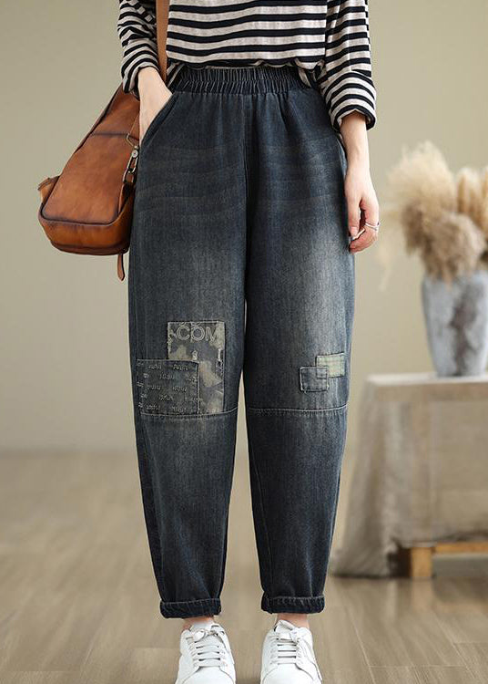 Casual Navy Pockets Applique Elastic Waist Denim Pants Fall QO079