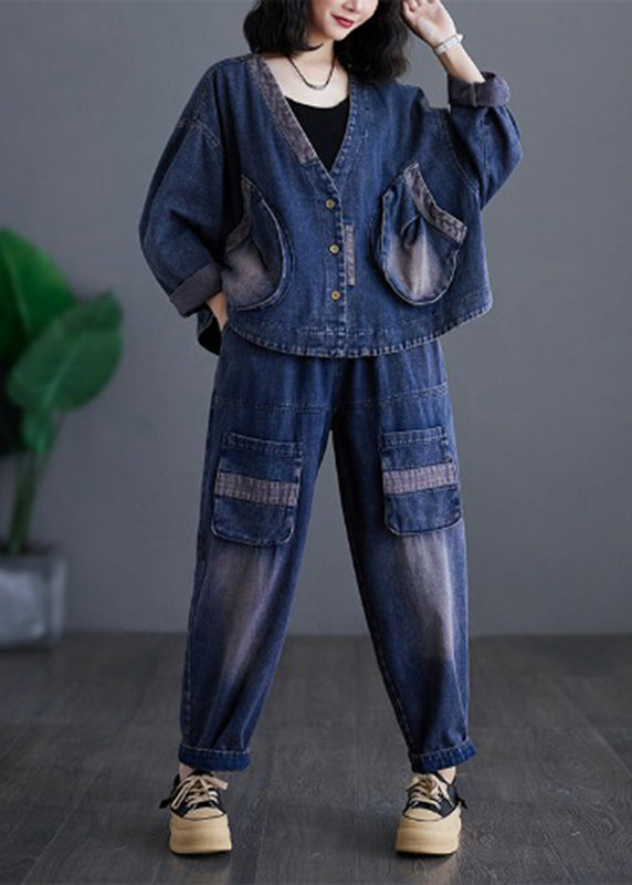 Ensemble deux pièces décontracté en denim bleu marine à col en V et pantalon sarouel à manches longues AP032