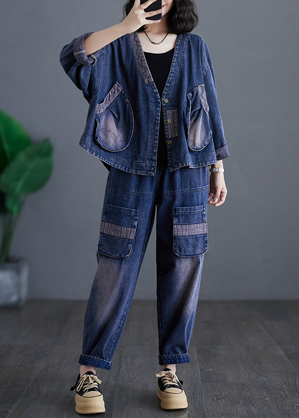 Casual Navy V Neck Patchwork Denim Coats And Harem Pants Two Pieces Sets Long Sleeve AP032