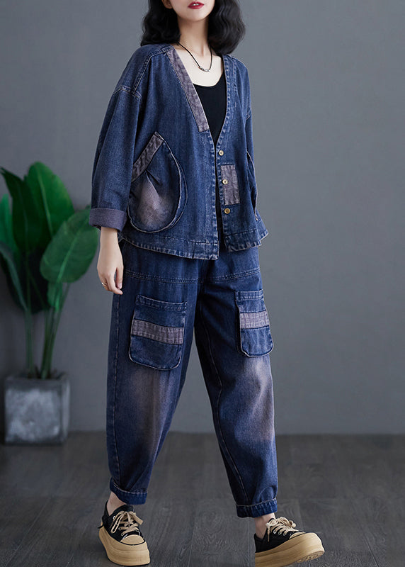 Casual Navy V Neck Patchwork Denim Coats And Harem Pants Two Pieces Sets Long Sleeve AP032