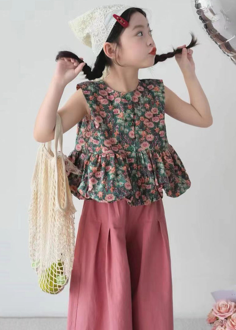 Casual O-Neck Print Kids Shirt And Crop Pants Two Pieces Set Summer SS1018