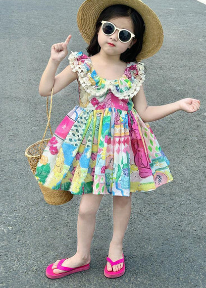 Casual O-Neck Print Patchwork Cotton Kids Mid Dress Sleeveless EW014