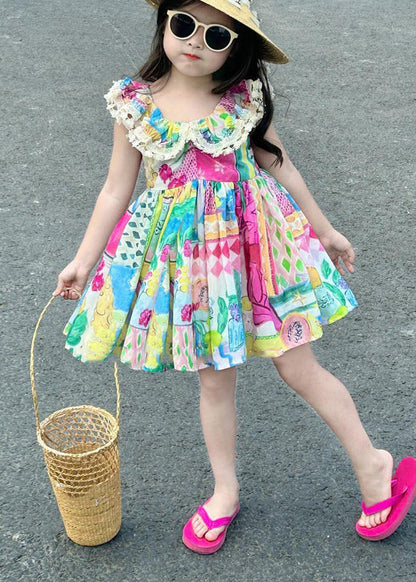 Casual O-Neck Print Patchwork Cotton Kids Mid Dress Sleeveless EW014