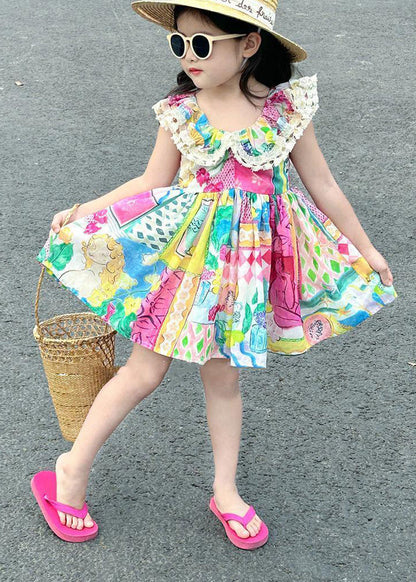 Casual O-Neck Print Patchwork Cotton Kids Mid Dress Sleeveless EW014