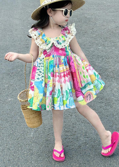 Casual O-Neck Print Patchwork Cotton Kids Mid Dress Sleeveless EW014