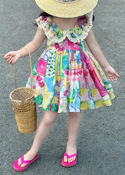 Casual O-Neck Print Patchwork Cotton Kids Mid Dress Sleeveless EW014