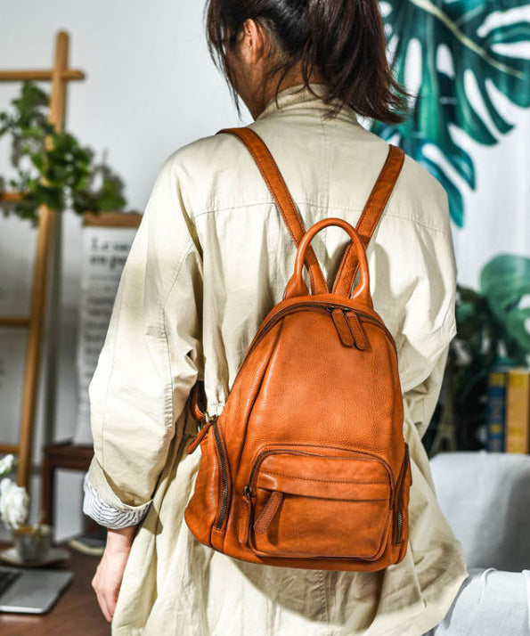 Leather Handbag Large Backpack Tote Capacity Casual Orange