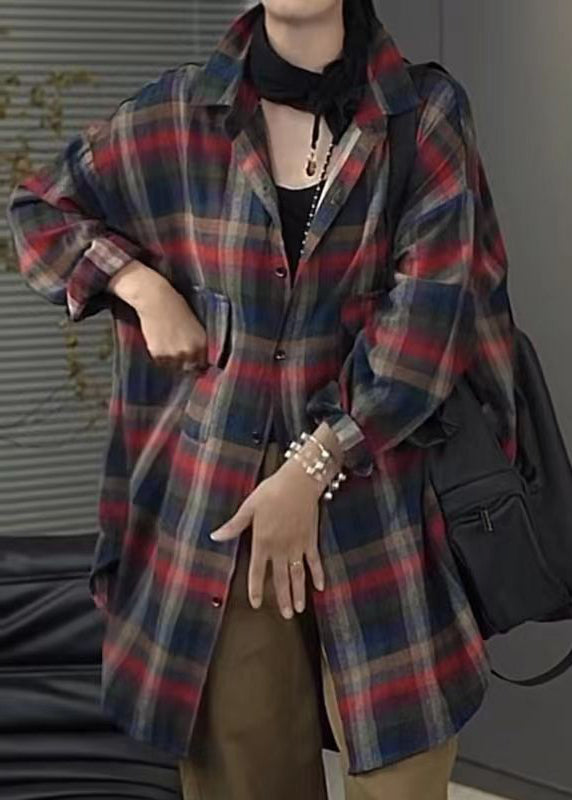 Casual Peter Pan Collar Plaid Pockets Cotton Shirt Tops Fall RU033