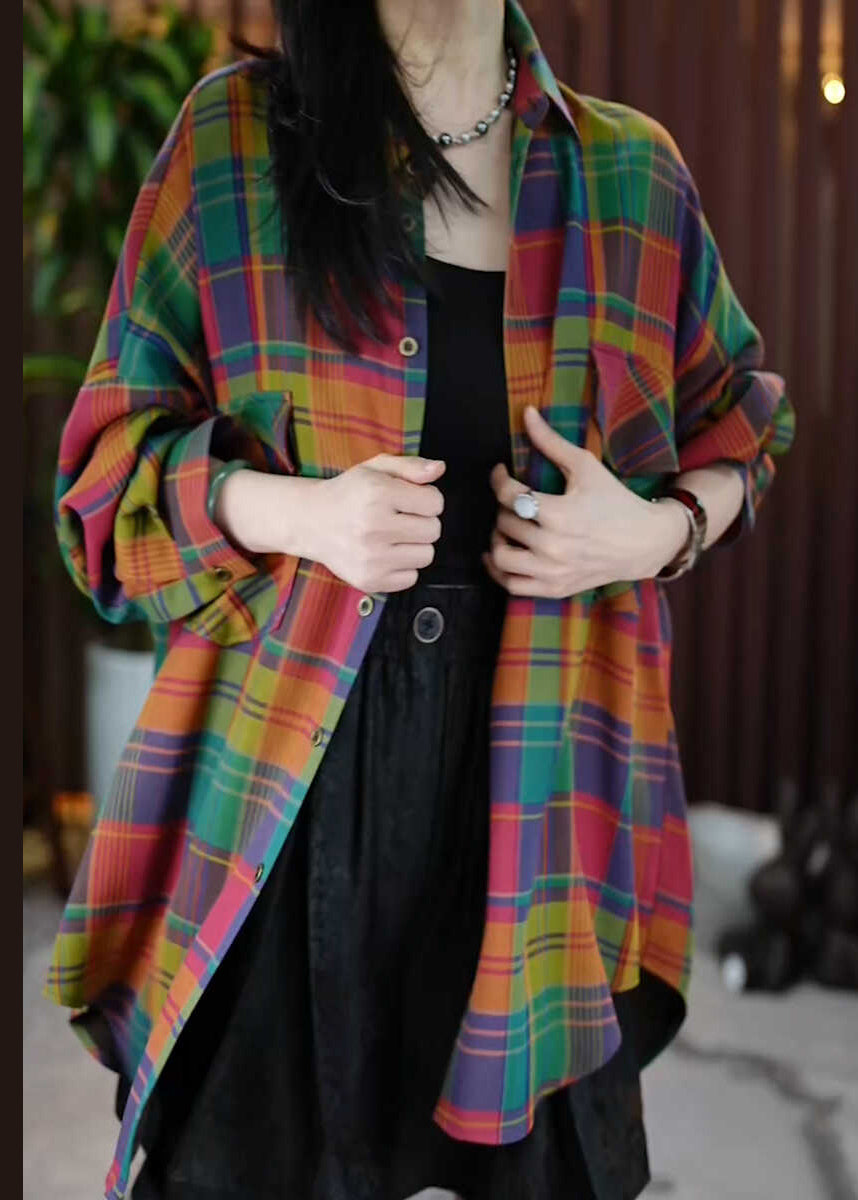 Casual Peter Pan Collar Pockets Plaid Cotton Shirts Coats Fall QL056